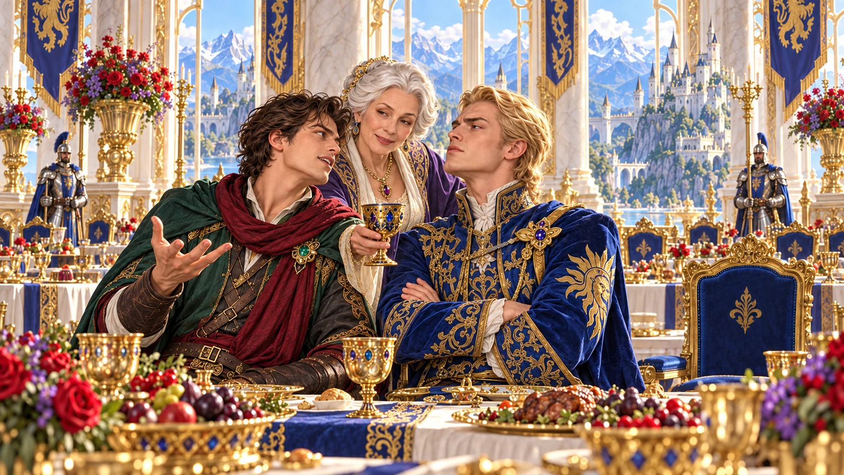 A fantasy speaker gestures toward a proud noble at a banquet while an older guest watches the tense social exchange.
