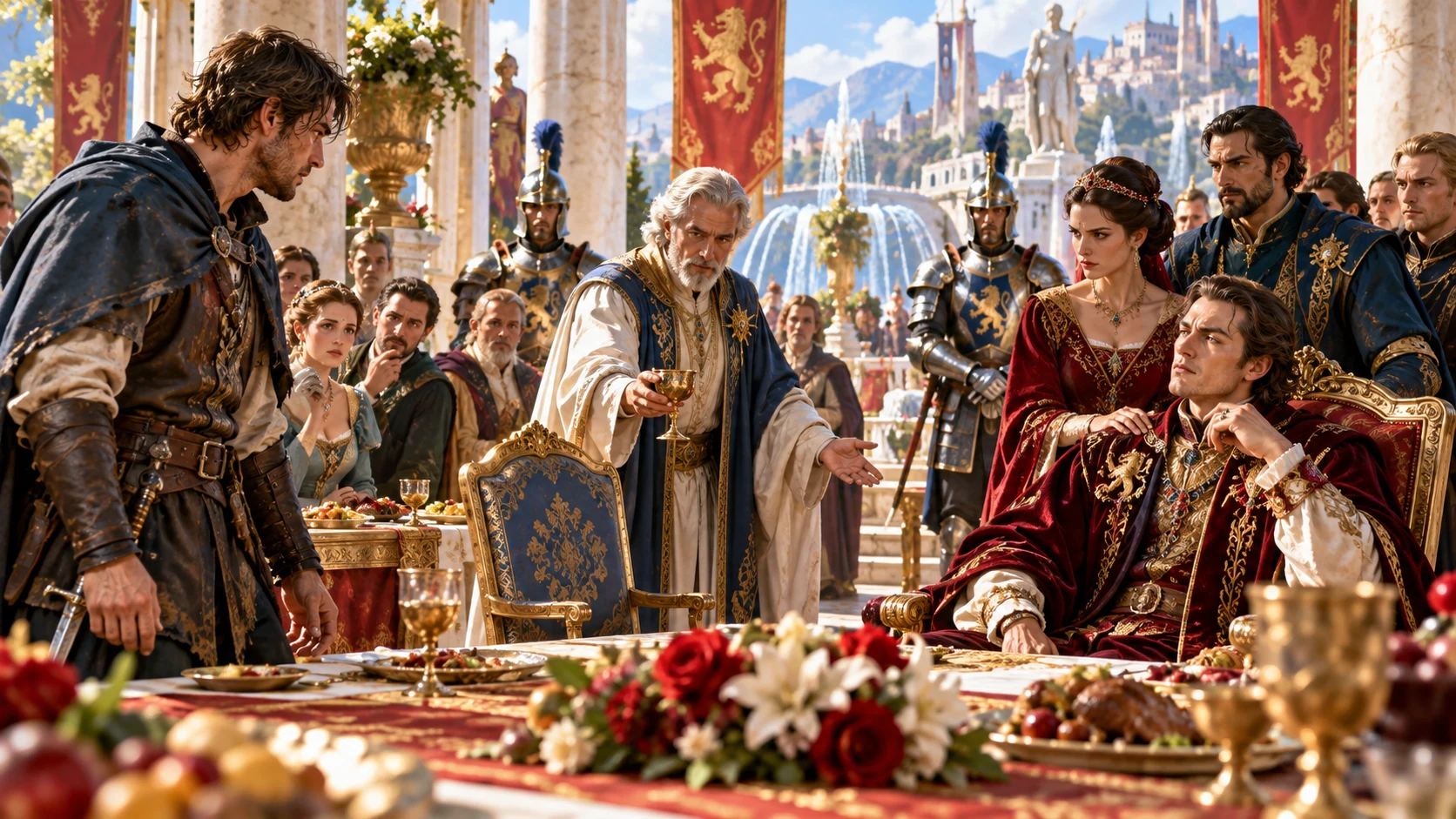 An older fantasy host offers a cup between a speaker and seated noble as banquet guests watch a restrained public exchange.