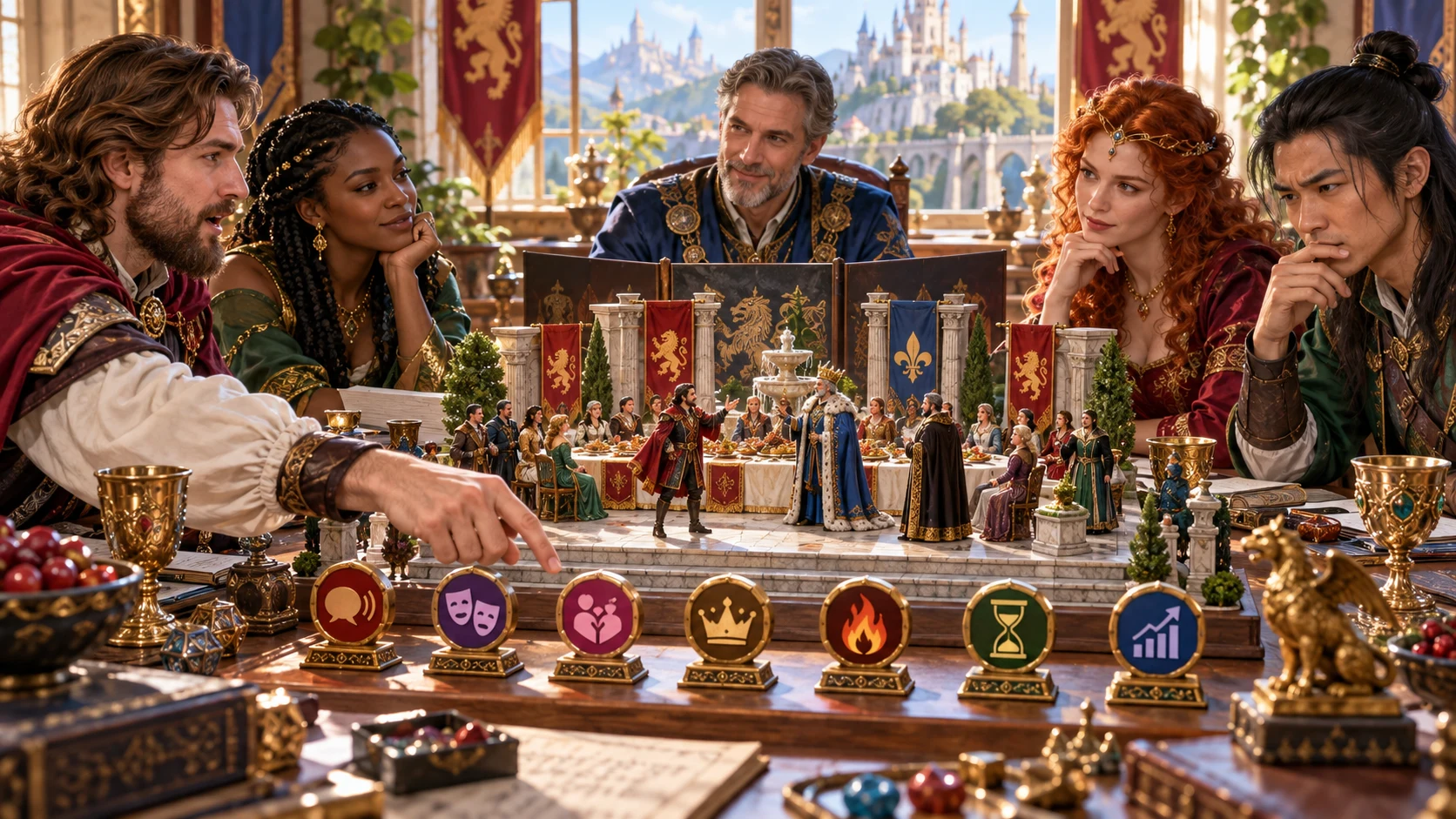 Companions discuss a miniature court scene beside illustrated tokens for speech, public response, relationships, status and future pressure.